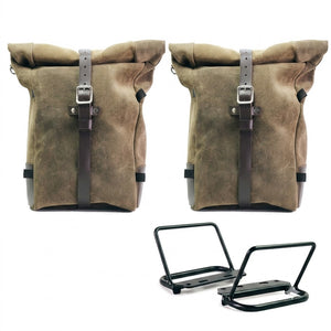 Unit Garage Royal Enfield Pair Pannier Racks & Pure Waxed Suede Panniers - Moss Grey