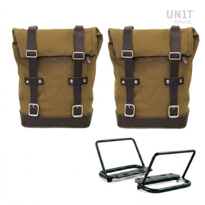 Unit Garage Royal Enfield Pair Pannier Racks & Canvas Panniers - Beige