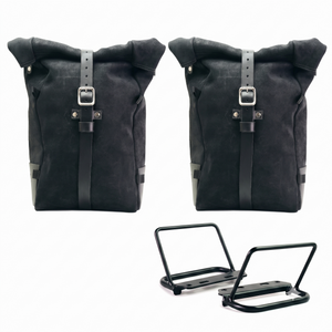 Unit Garage Royal Enfield Pair Pannier Racks & Pure Waxed Suede Panniers - Jet Black